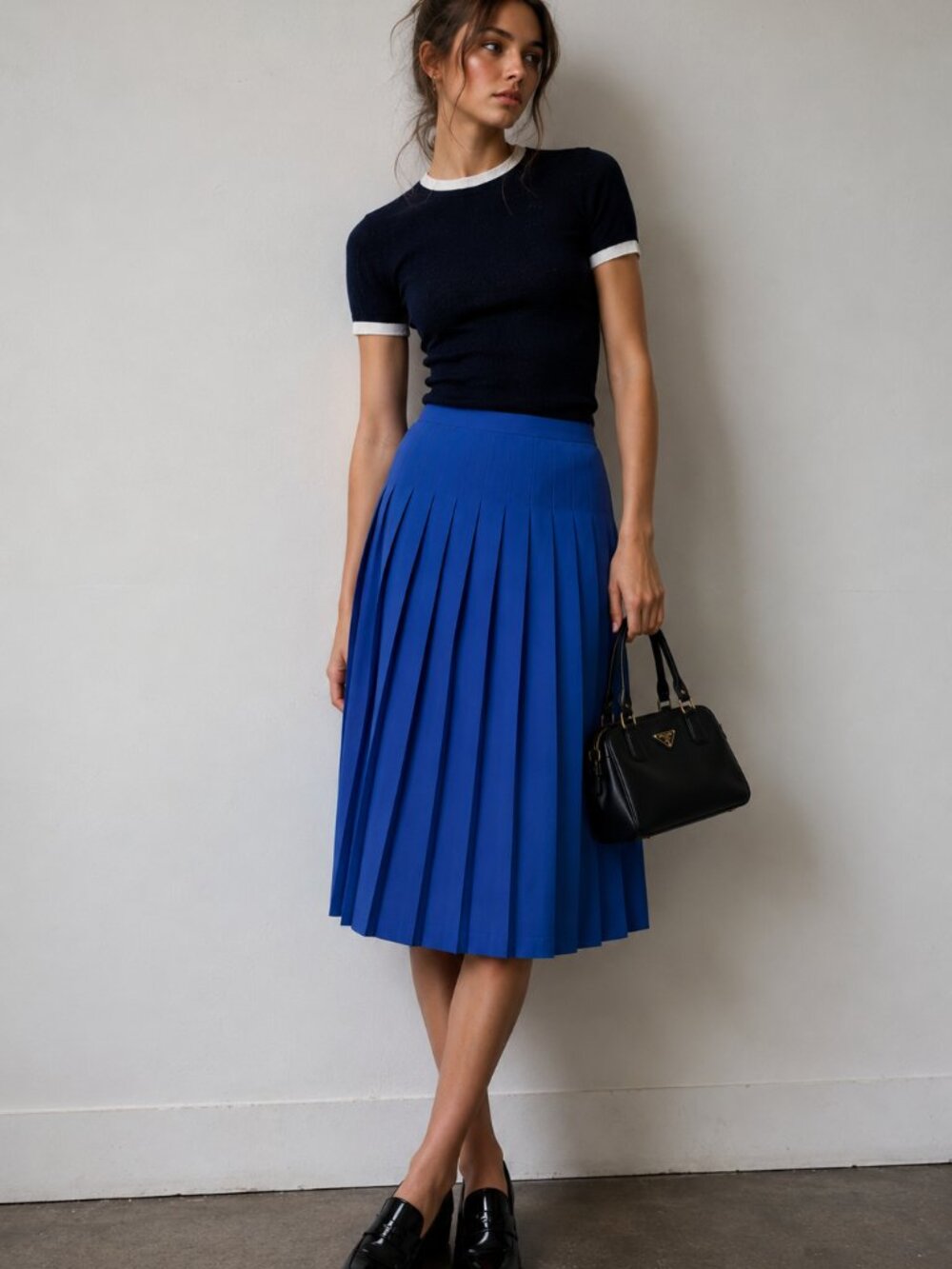 Pleated Midi Skirt Cobalt Blue Linen Blend Vintage Talbots